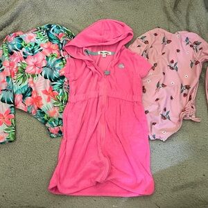 Lot of Pink Hooded Cover-Up and 2 Toddler Baby Swimsuits 5T